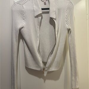 White Ribbed Zip-Up Sweater